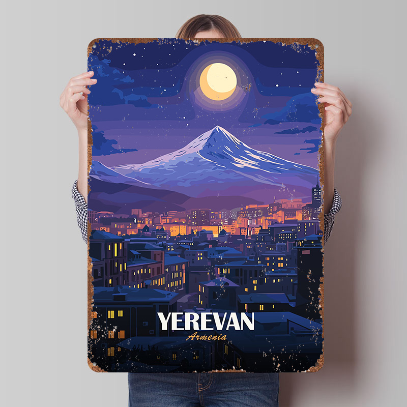 Home Decor Yerevan - Металлический постер «Ночной вид Еревана, Армения»,